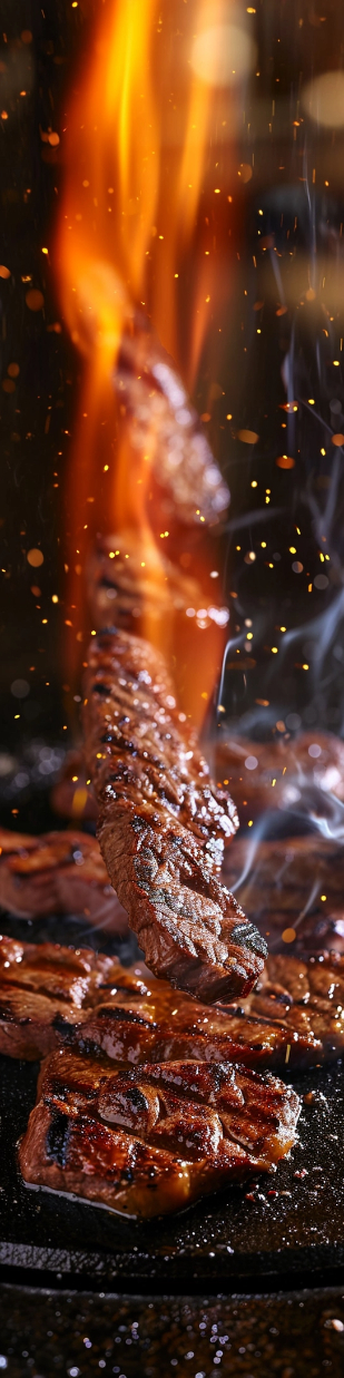 Dramatic spit braai flame sear close-up