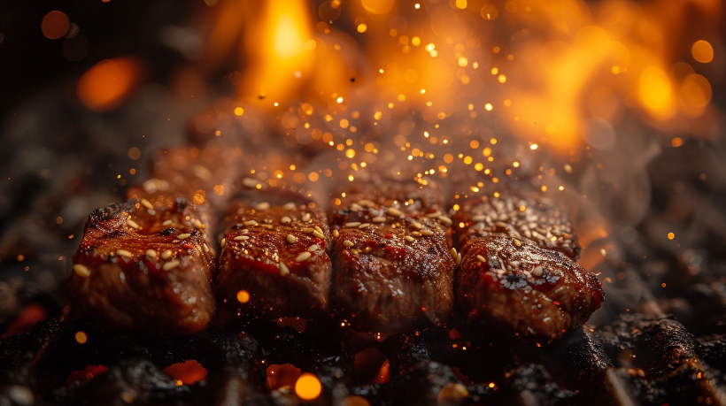Sesame-crusted braai meat with fire bokeh