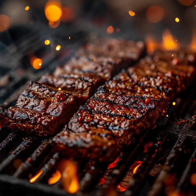 Seared spit braai steaks on charcoal grill